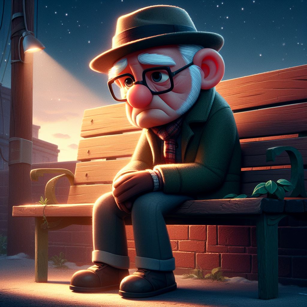 Grandfather's sorrow captured in clip art of a sad old man sitting on a bench.