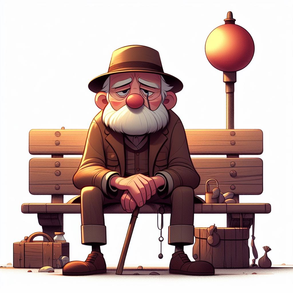 Sad old man sitting on bench illustration portraying solitude reflections.