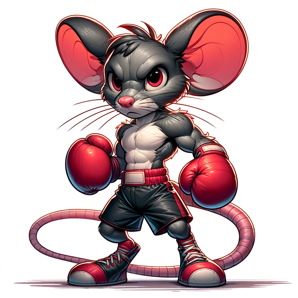 Mouse boxer character logo with cute cartoon mouse wearing boxing gloves, ready to fight on white background