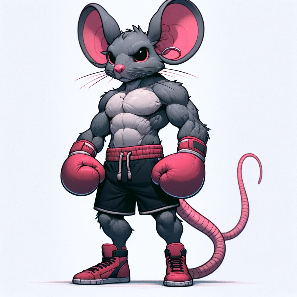 Character logo featuring a cute mouse with an angry look wearing boxing gloves, isolated on white