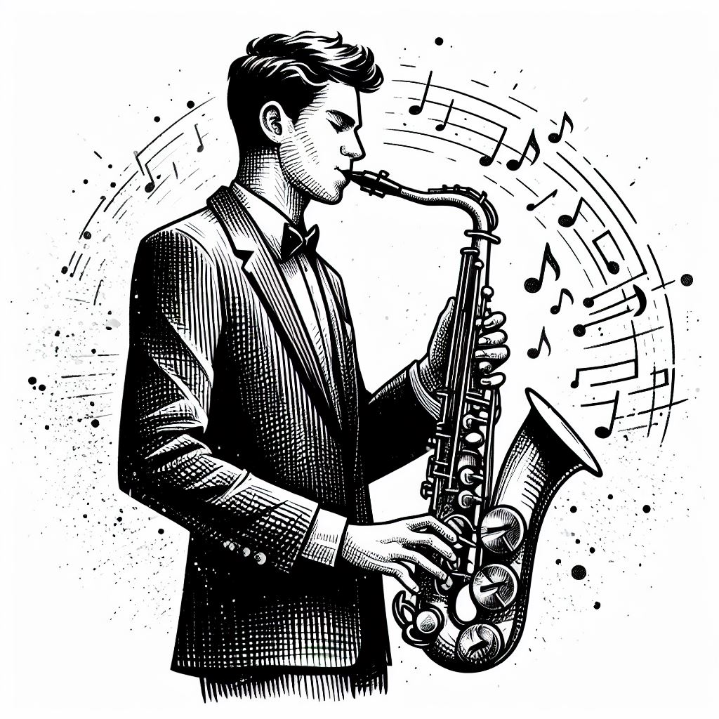 "Saxophone Studio Session: Free Jazz Musician Vector" "Expressive Melodies: Free Cartoon Character Playing Saxophone"