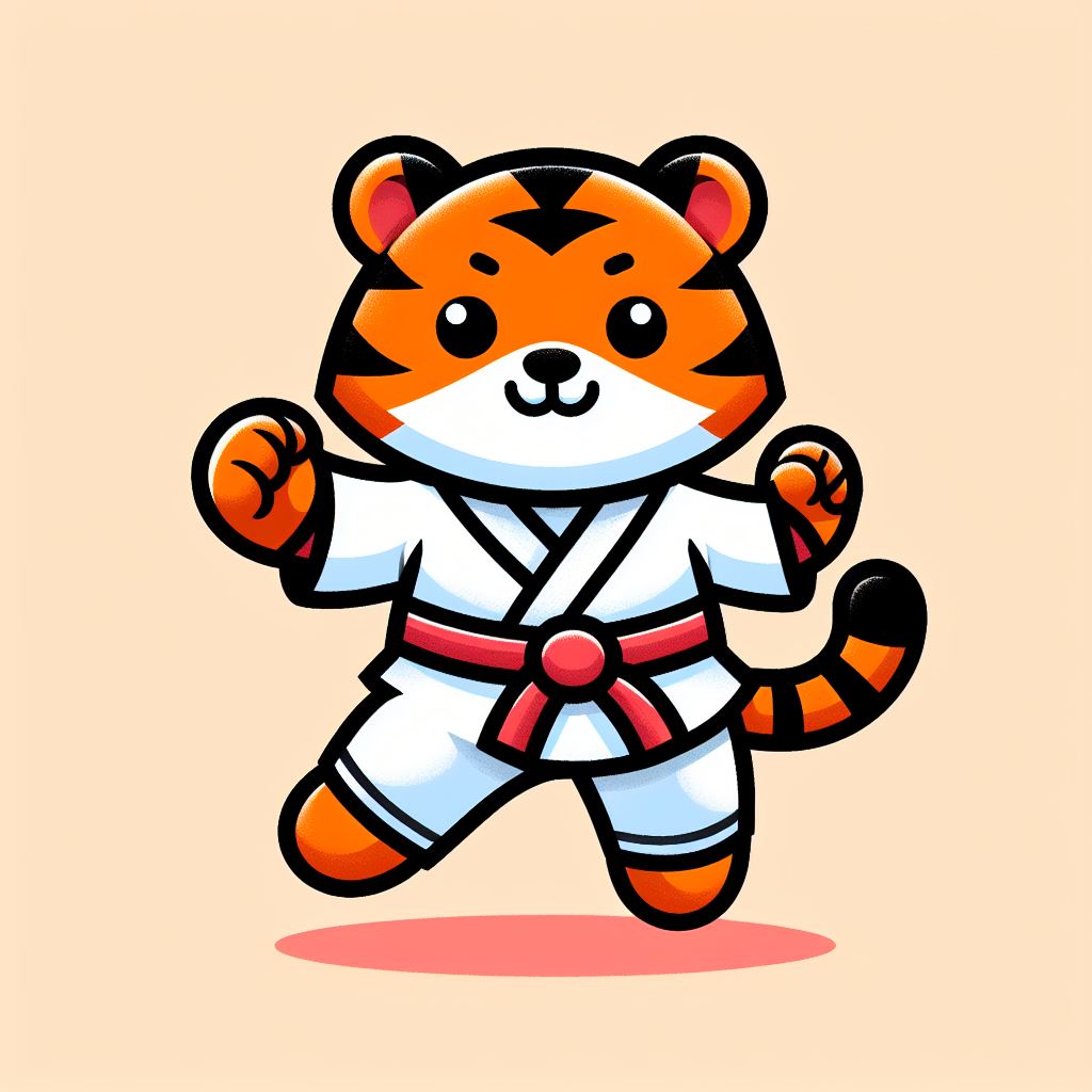 Flat Cartoon Style Illustration of Cute Tiger in Karate Action, Vector Icon for Animal Sport Concept, Isolated Premium Vector