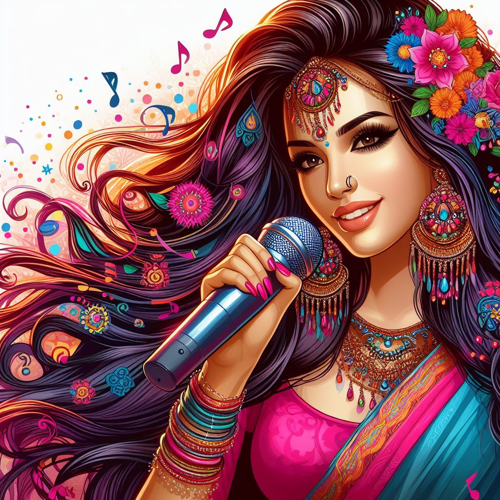 Glowing multicolor lights illustration Vocalist singing to microphone vector