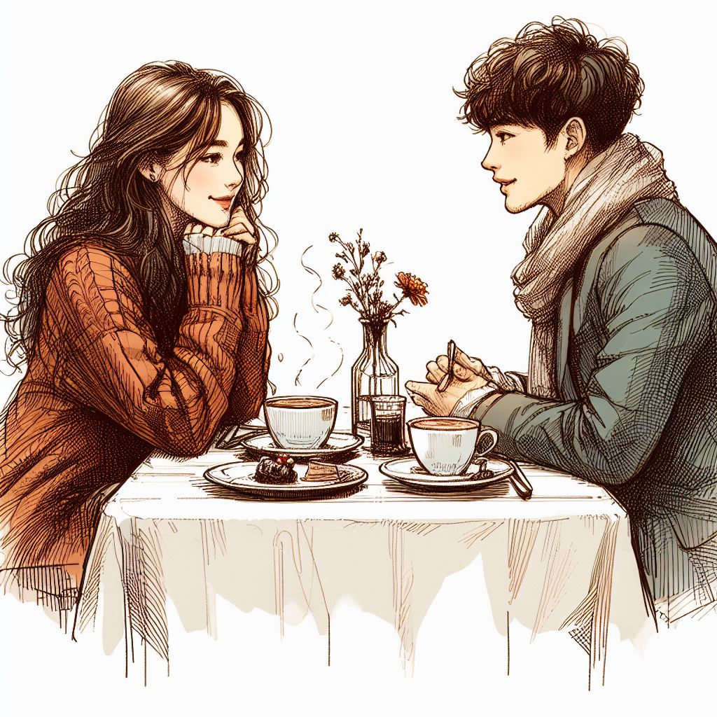 Free Digital Art: Detailed Drawing of Young Couple's Coffee Moment