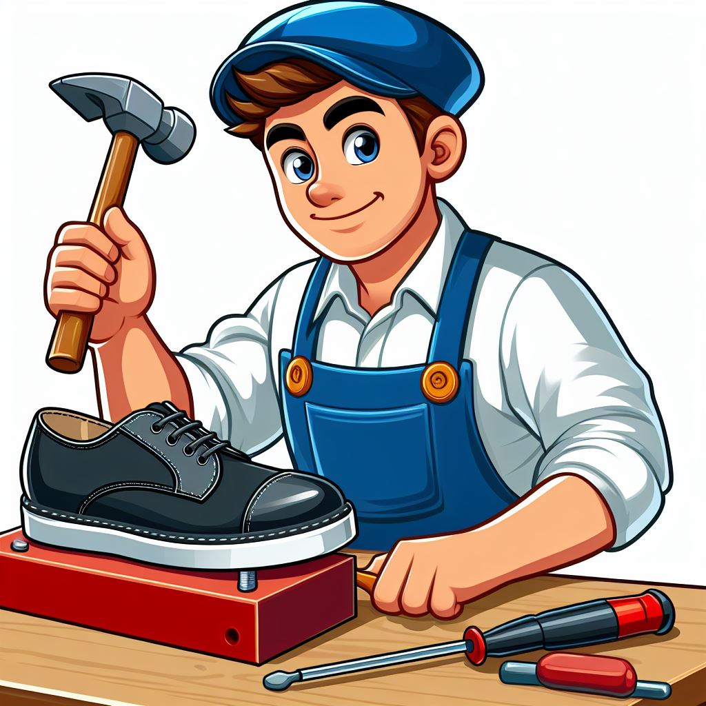 Free Download: Cartoon Cobbler in Action with Hammer on Shoe