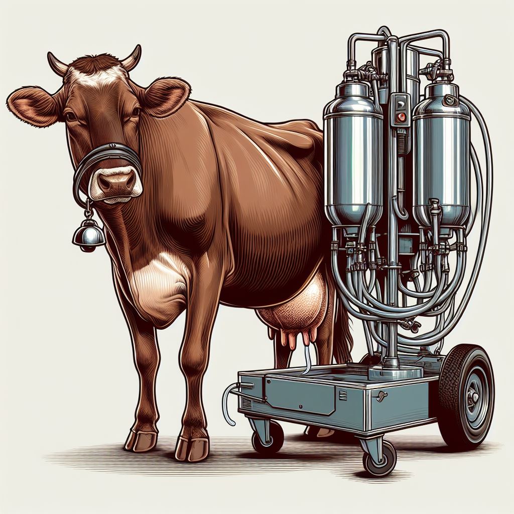 Milking Technology: Detailed Illustration of Brown Cow and Machine