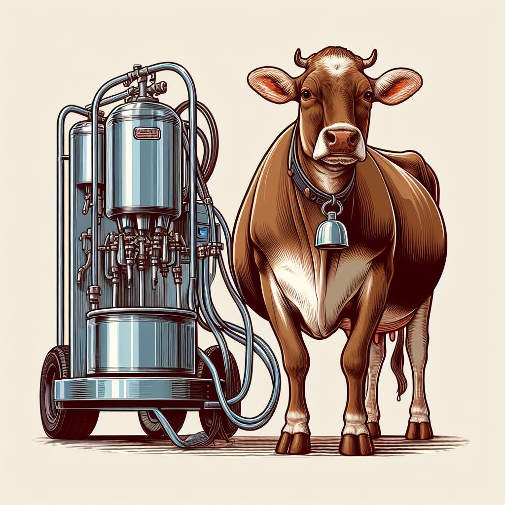 Detailed Vector Illustration: Brown Cow Connected to Milking Machine