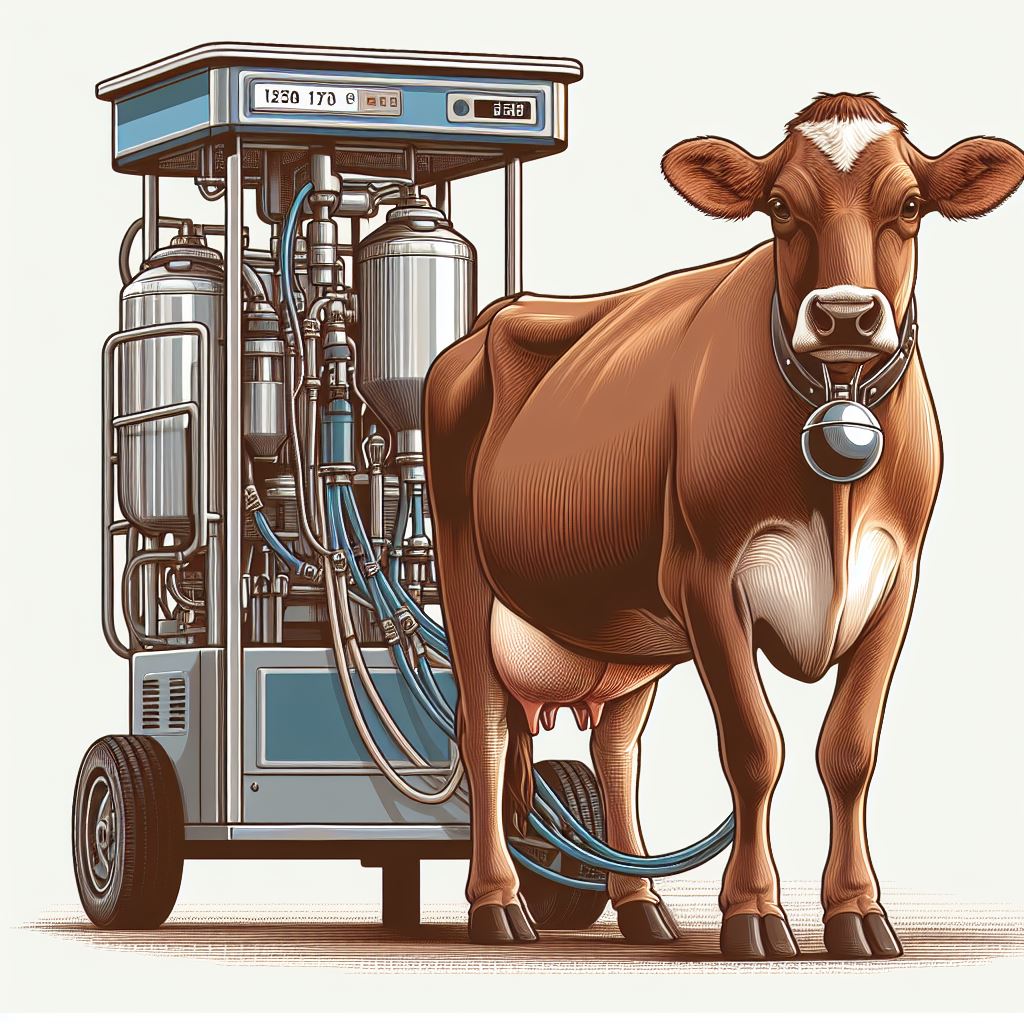 Farm Life Visualized: Brown Cow and Mobile Milking Machine Illustration