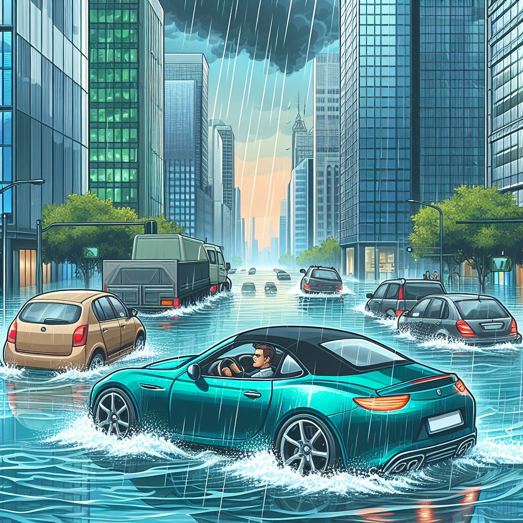 Vector Image: Rainy City Scene with Urban Flooding