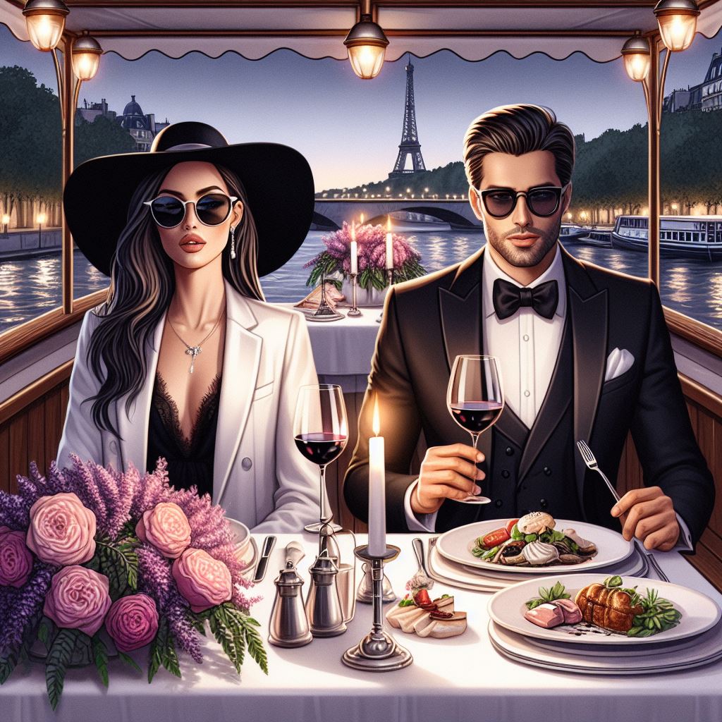 Romantic Dinner on a Boat in Paris: Free Download Digital Illustration