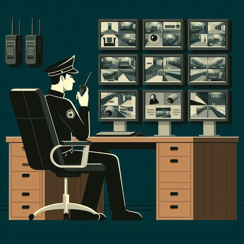 Free Digital Art: Cartoon Security Room with Walkie-Talkie