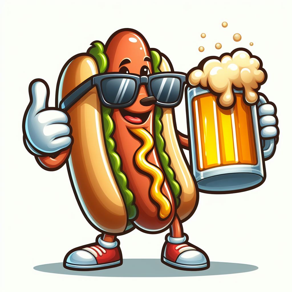 Cartoon Hot Dog Character Vector with Sunglasses and Beer