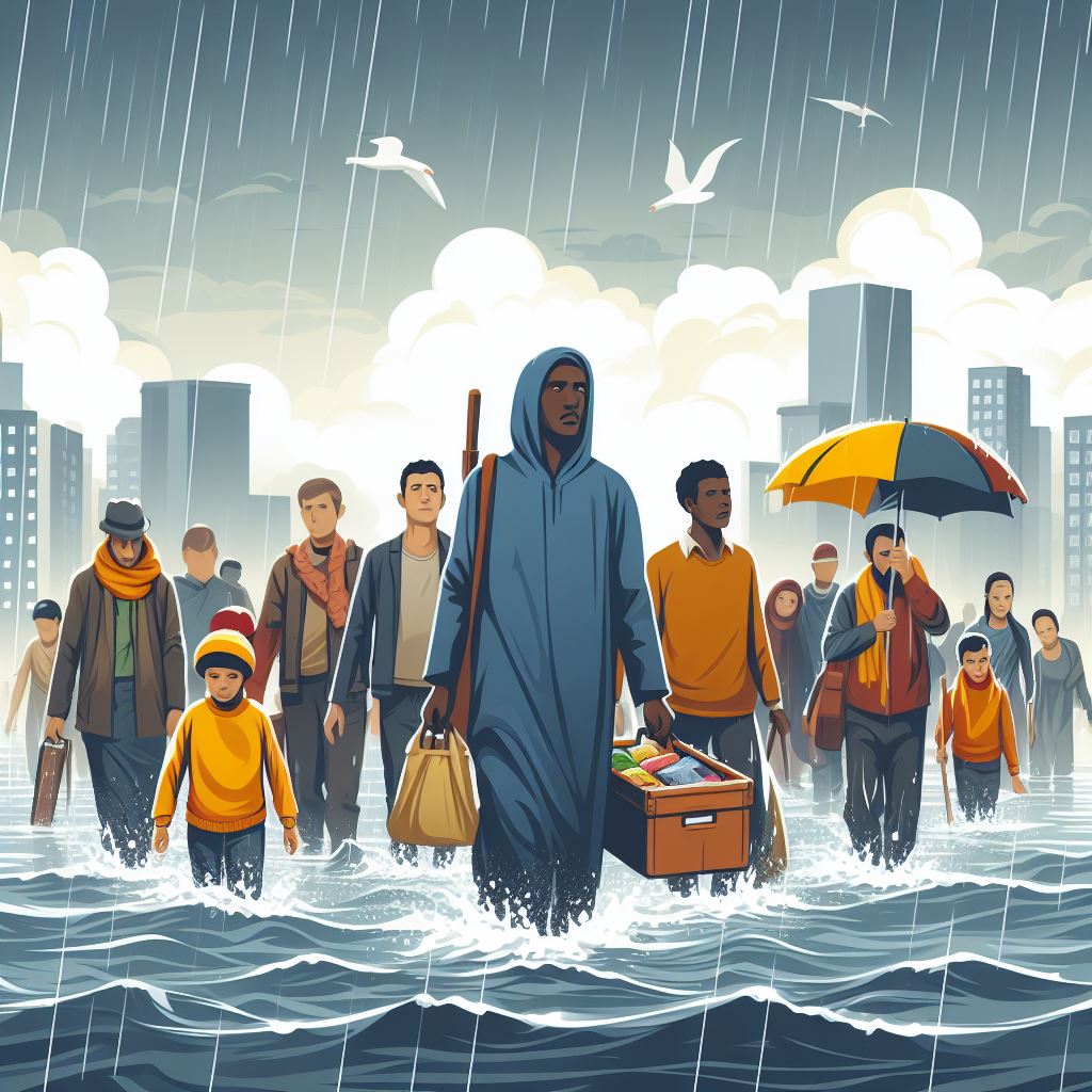 Free Download: Detailed Vector of Refugees Navigating Flood Waters