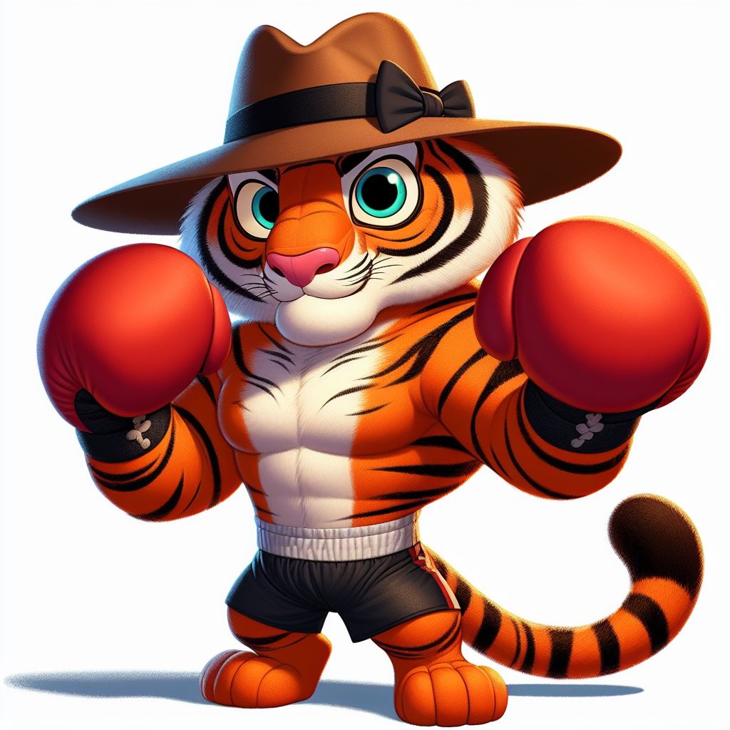 Cartoon tiger boxing ring vector. Wild strength tiger clip art.