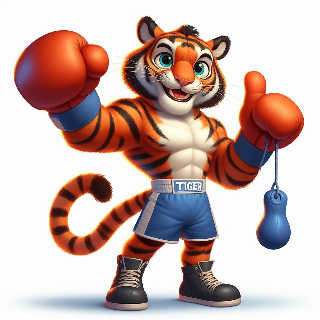 Champion tiger in boxer costume with champion belt for mascots.