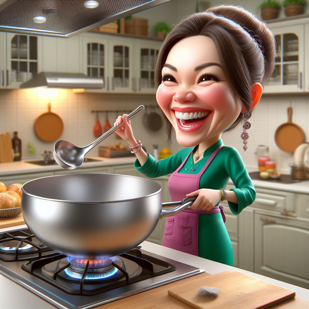 Produce an animated 3D caricature illustration capturing the joyous atmosphere of a woman cooking in her home kitchen with Free AI Prompt.