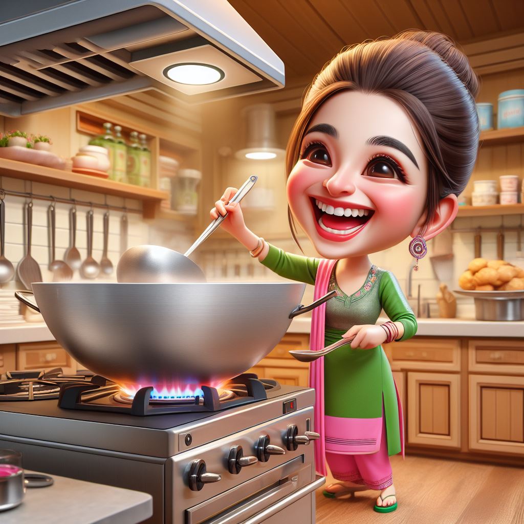 Craft a lively 3D caricature illustration of a woman cooking with delight in her home kitchen using Dale 4 and Jasper AI Art.