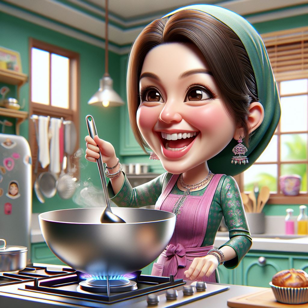 Generate a lively 3D caricature illustration of a woman joyfully cooking in her home kitchen using Free AI Prompt.