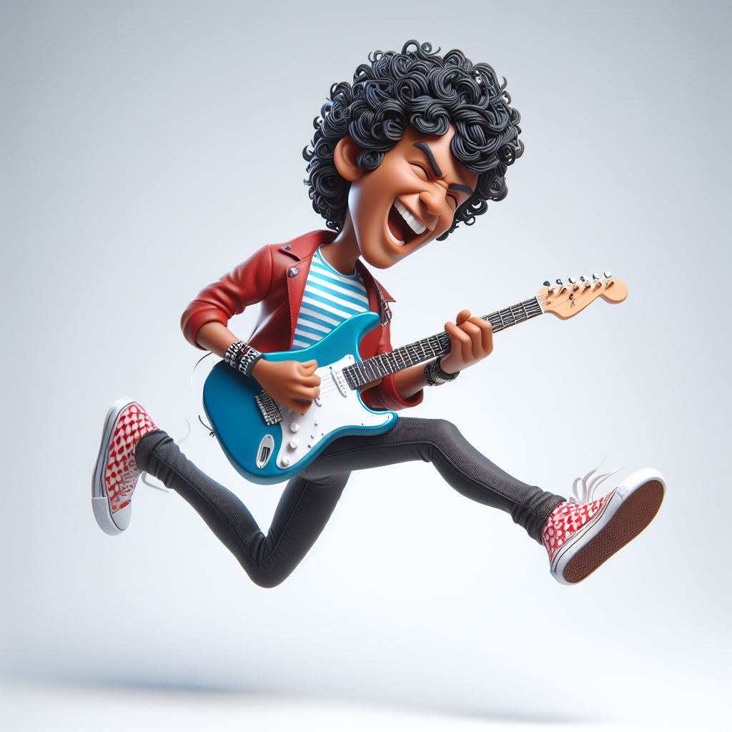 Spirited caricature of a man with electric guitar Exciting 3D depiction of a guitarist in mid-air