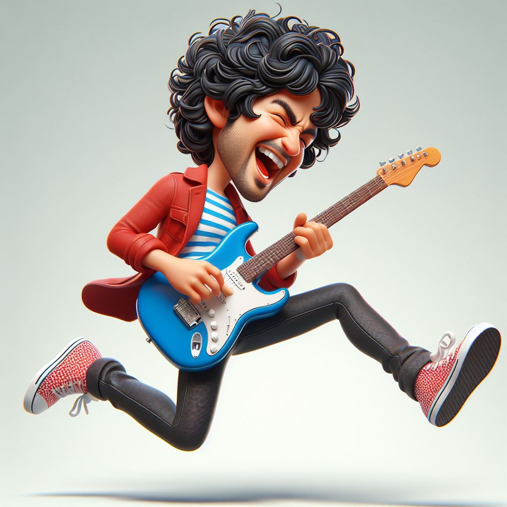 free ai prompt for Playful caricature of a guitar performer Vibrant 3D illustration of a jumping guitarist