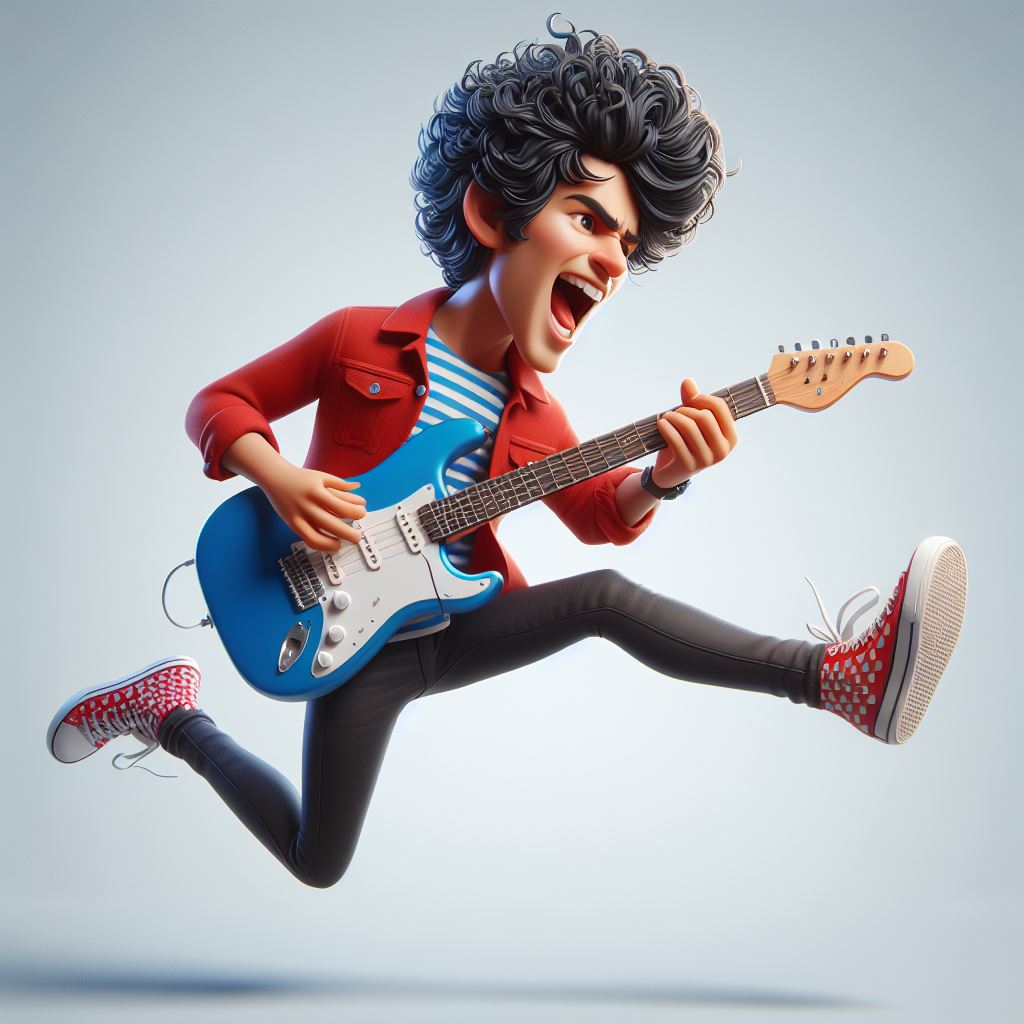 High-energy 3D caricature illustration Electric guitar player in mid-jump