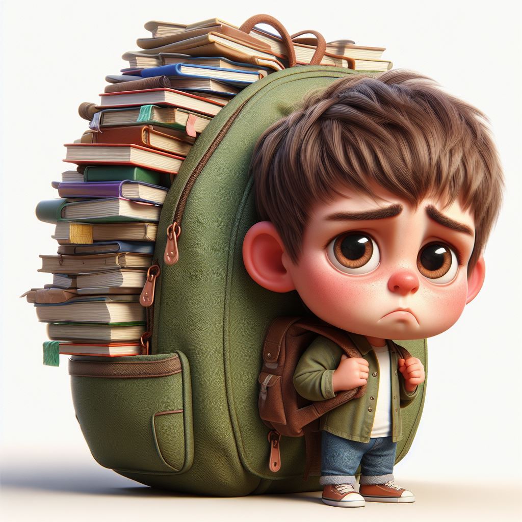 Royalty-Free 3D Caricature: Sad School Kid Struggling with Heavy Backpack