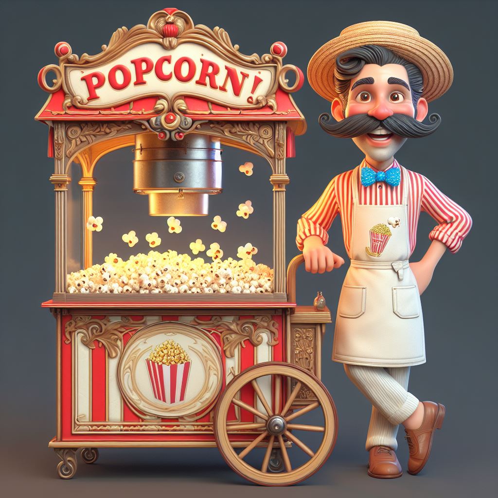 Popcorn seller caricature illustration in whimsical style available for free download