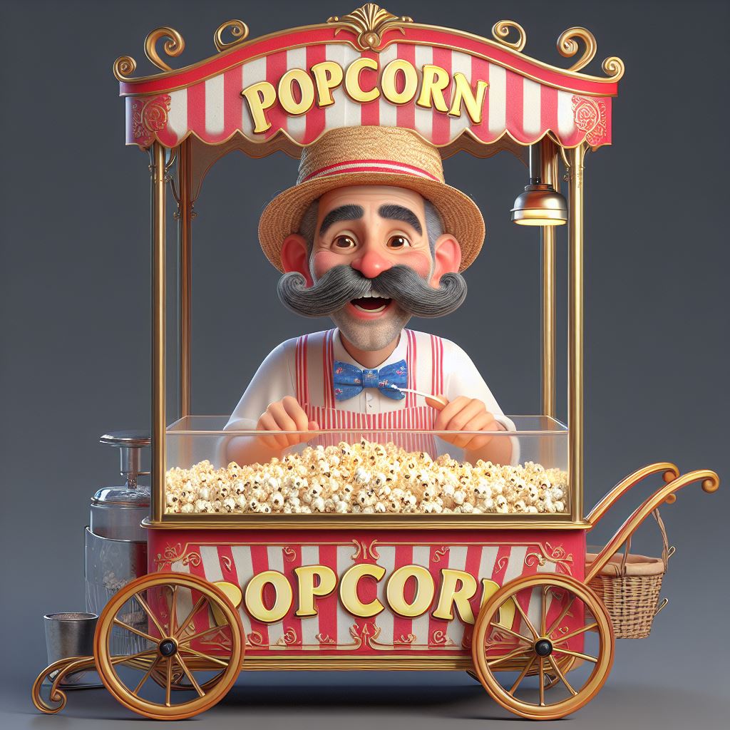 Digital illustration of caricature popcorn seller with exaggerated mustache