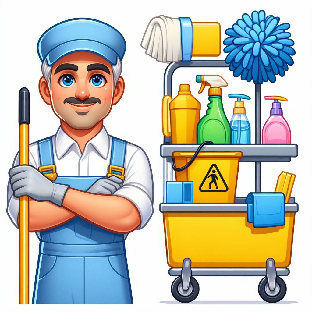 Detailed free prompt for creating cartoon image of janitor by midjourney