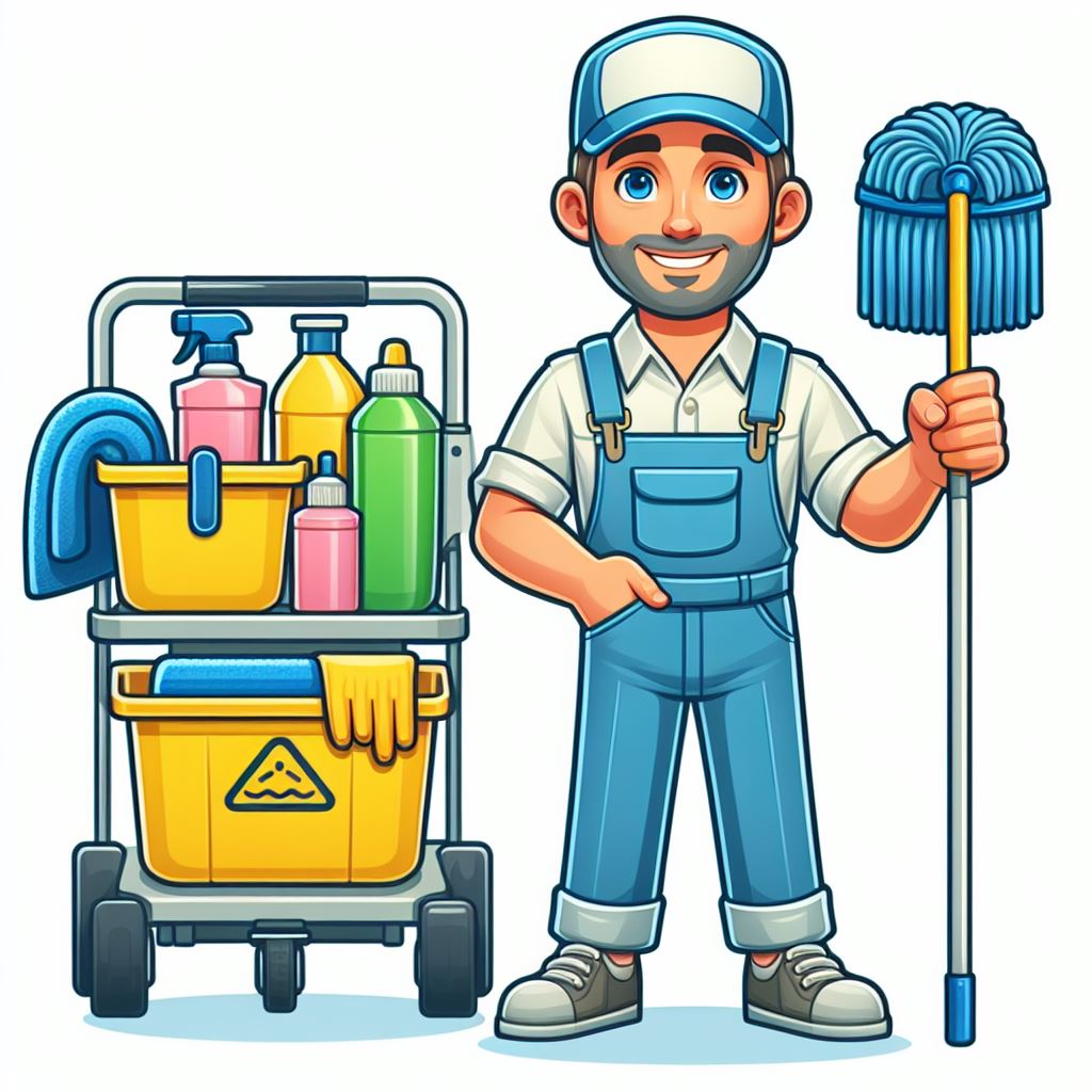 Free download of cartoon janitor image with cleaning equipment