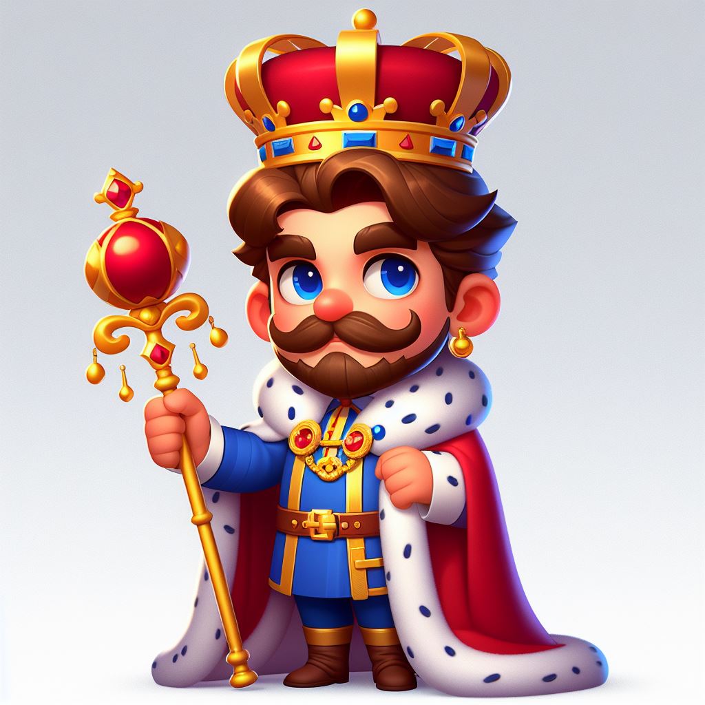 Detailed free prompt for creating regal posture cartoon king by dale 4