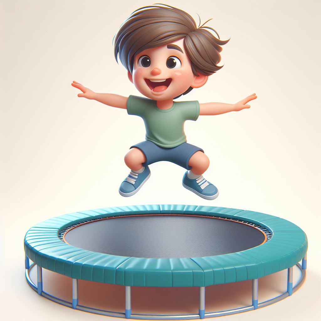 Exciting illustration capturing boy's mid-air jump on trampoline