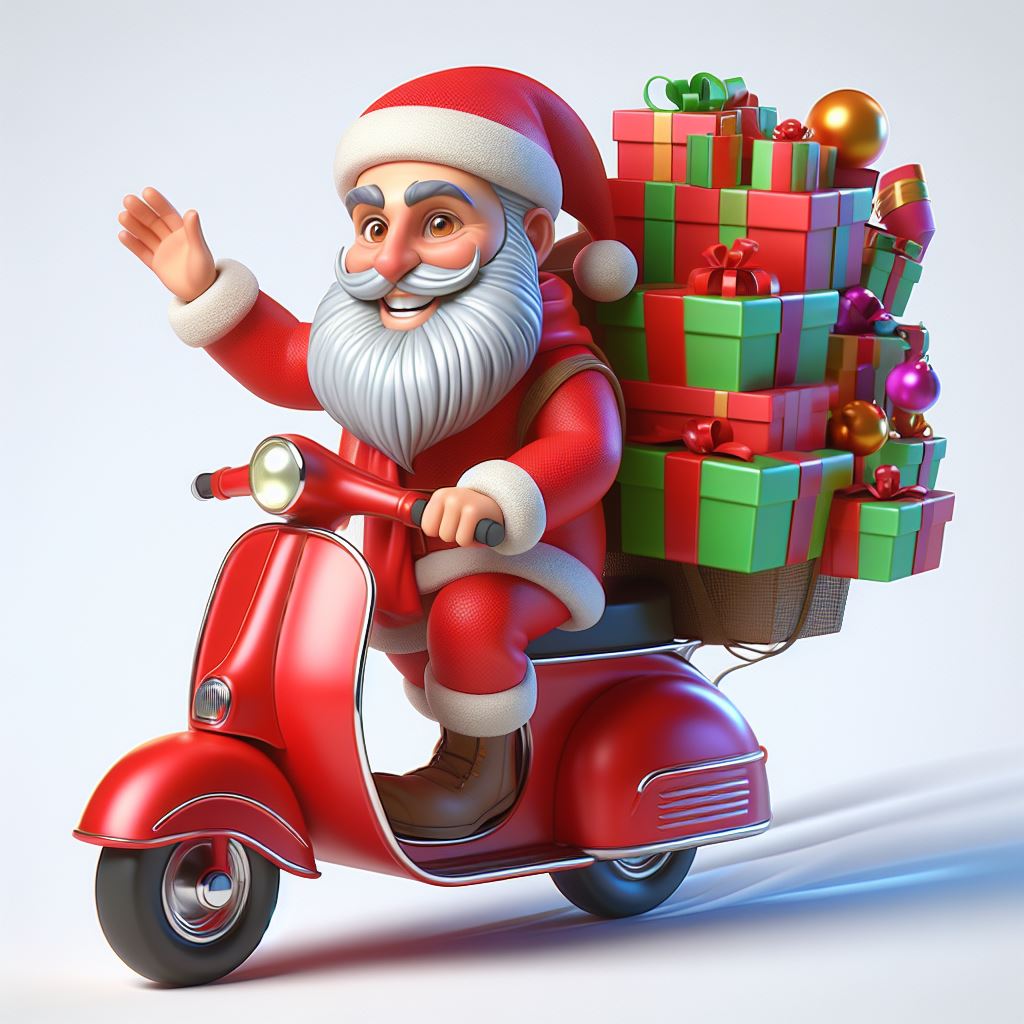 Classic Red Scooter with Santa Claus: Festive Digital Art