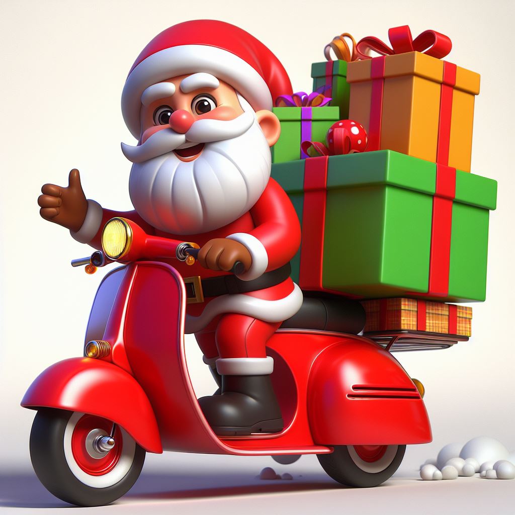 Santa Claus Riding Red Scooter: Digital Artwork