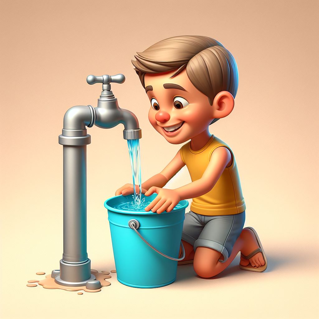 Urban Exploration: A Playful Illustration of a Boy Gathering Water Digitally