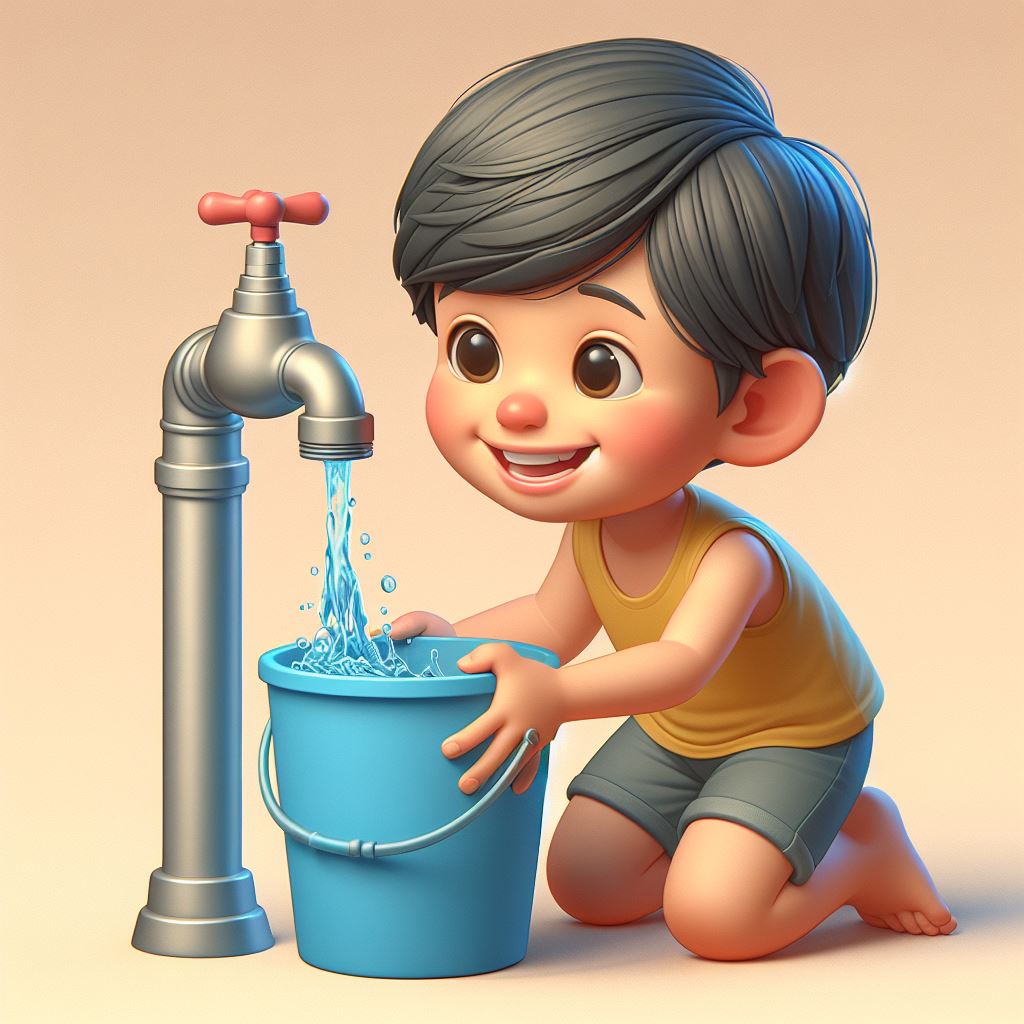 Childhood Delights: A Digital Scene of a Boy Enjoying Water Collection