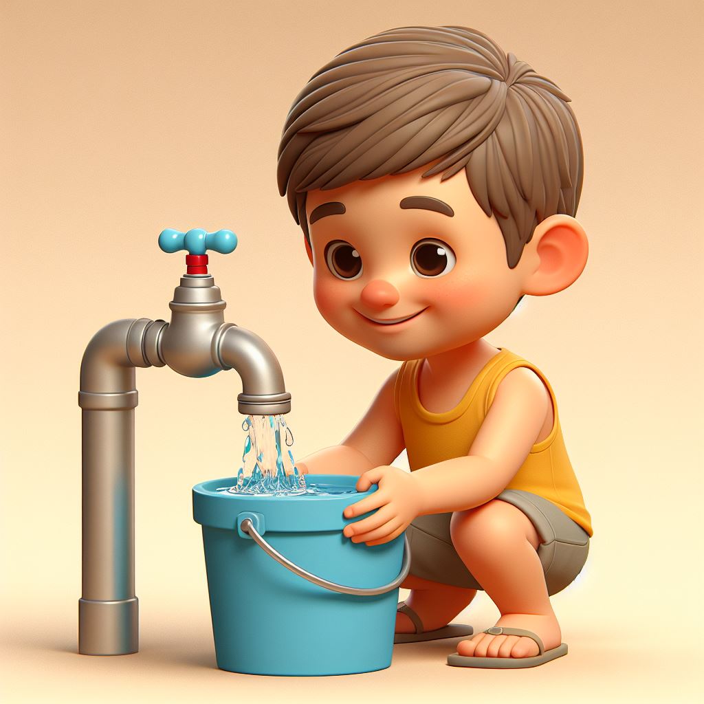 Liquid Joy: A Digital Rendition of a Boy's Playful Water Gathering