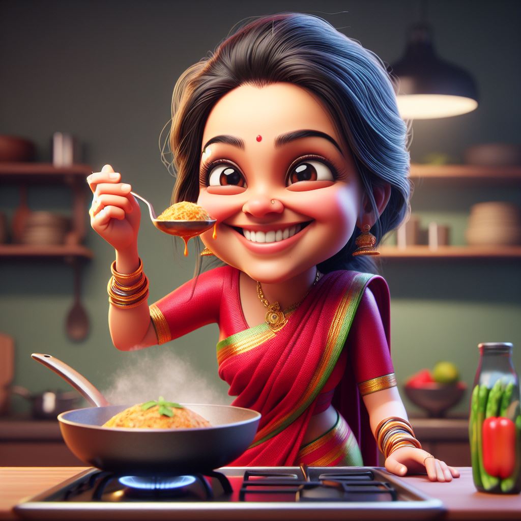 Download Here: 3D Caricature of Indian Woman Chef Smelling Food