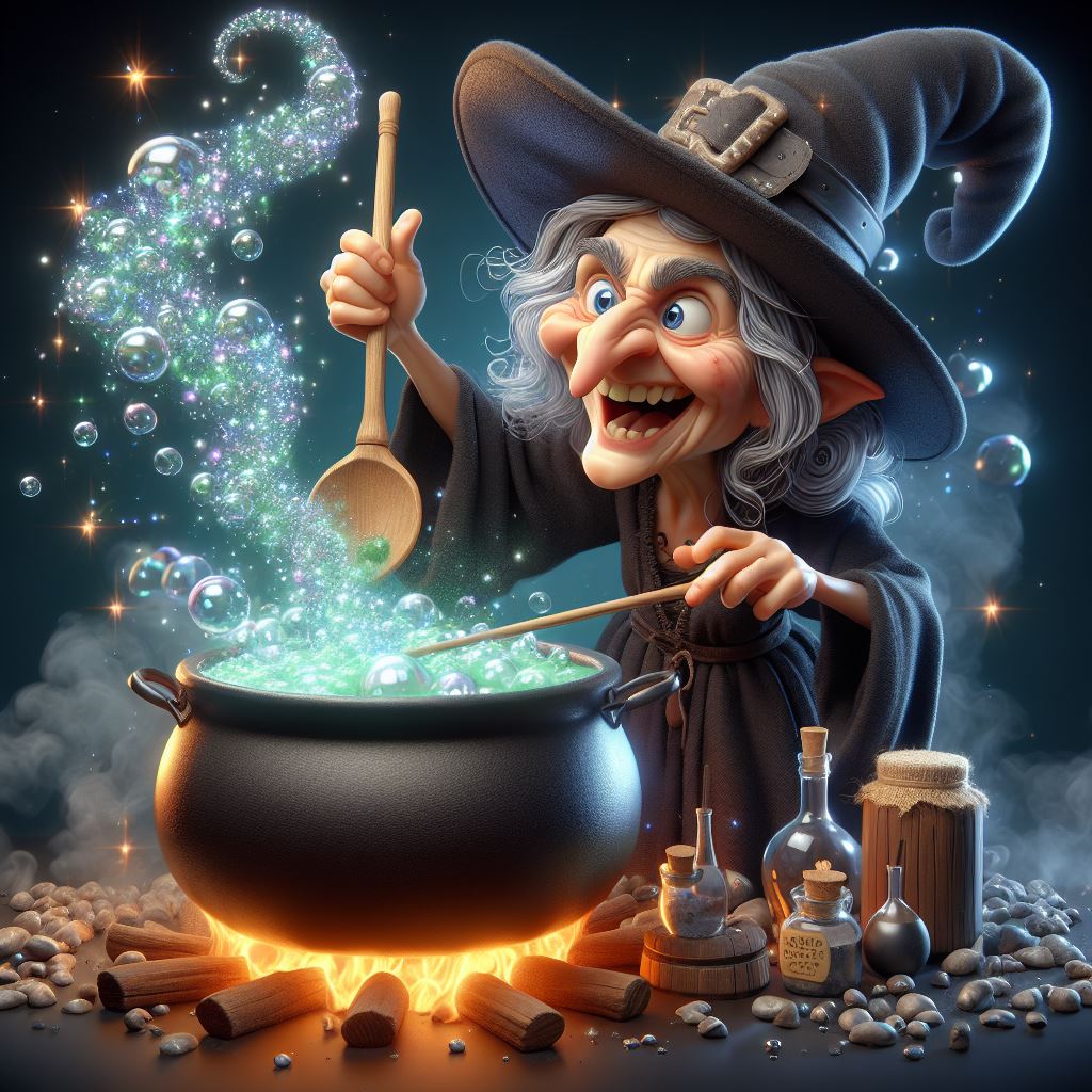 Magical Cauldron: 3D Caricature of Whimsical Witch - Free Download