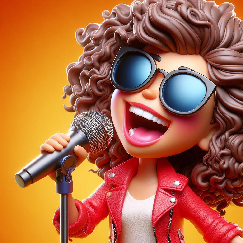 Cartoon Charm: Woman in Red Jacket Serenades with Curly Hair and Smiles