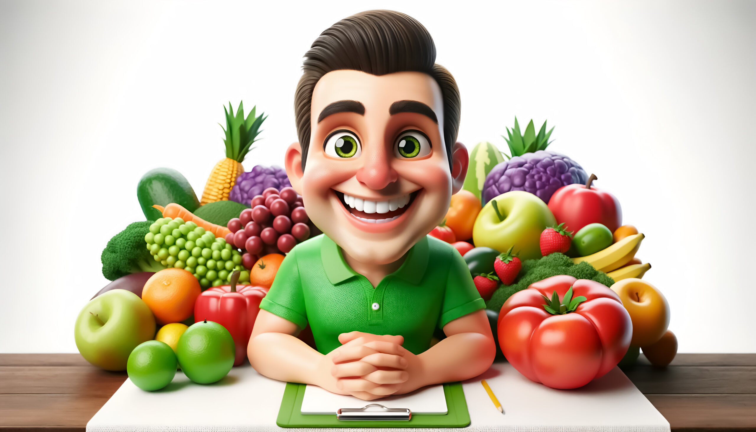 Diet Planner Cartoon: 3D Caricature Amid Colorful Fruits, Vegetables