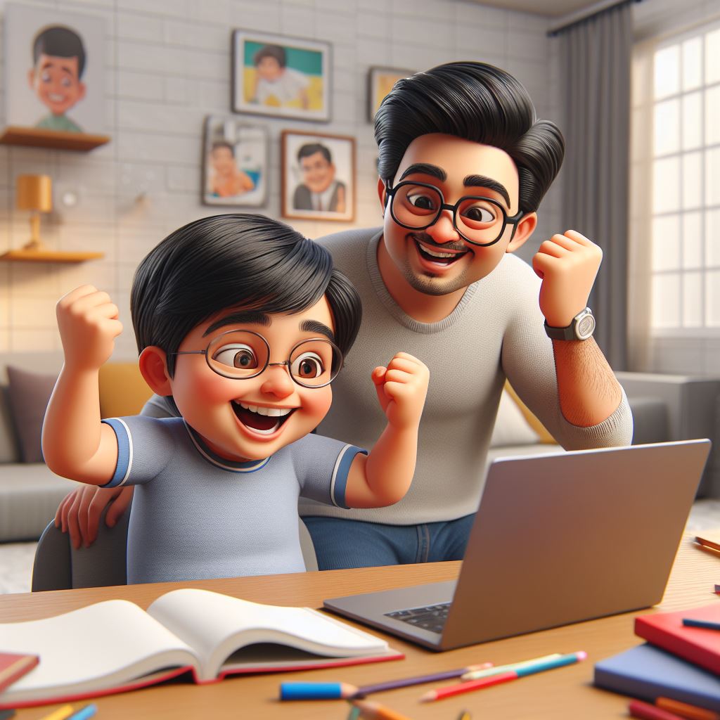 Happy Indian Boy and Father with Laptop - 3D Caricature Illustration