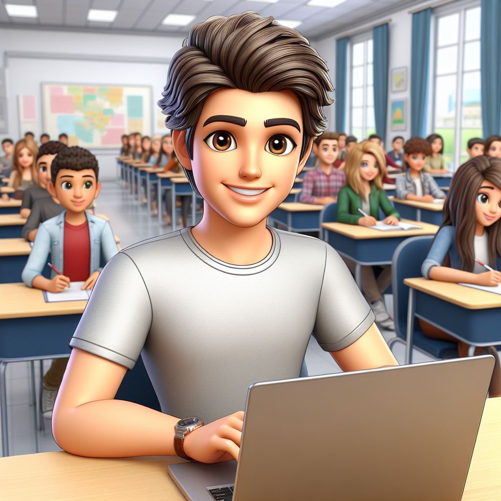 Enthusiastic College Student in Classroom with Laptop - Cartoon 3D Render