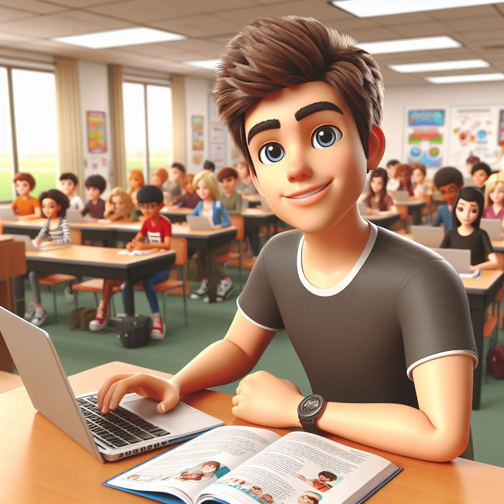 Studious Student with Laptop in College Classroom - 3D Render