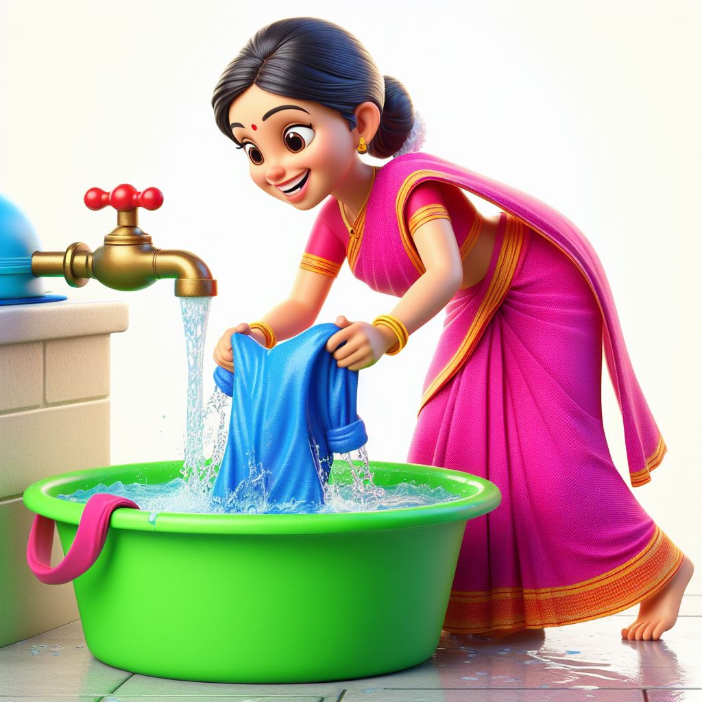 Joyful Indian Woman in Sari Hand-Washing Clothes: Domestic Scene