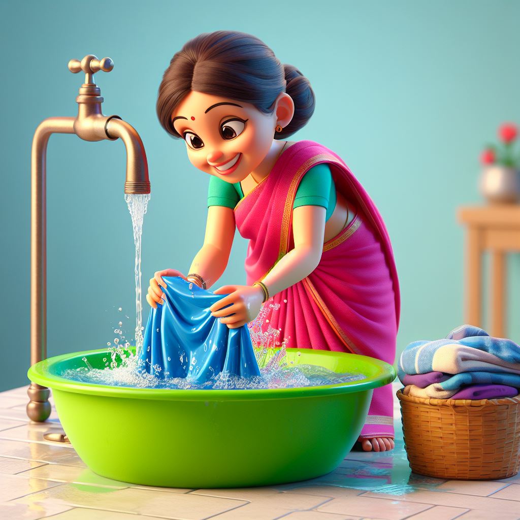 Cheerful Indian Woman Hand-Washing Clothes: Domestic Chores Concept