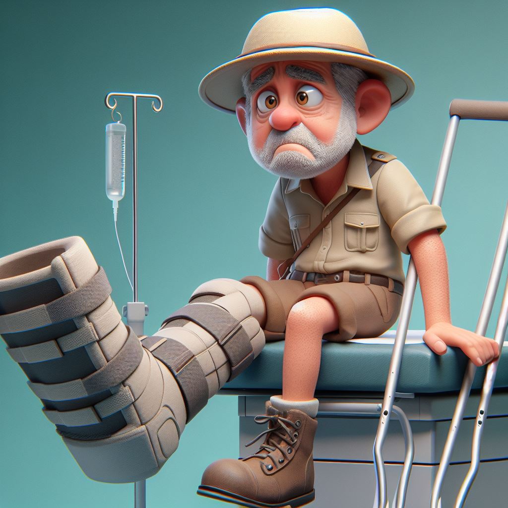 Comical Elderly Man: Adventure Spirit with Orthopedic Boot