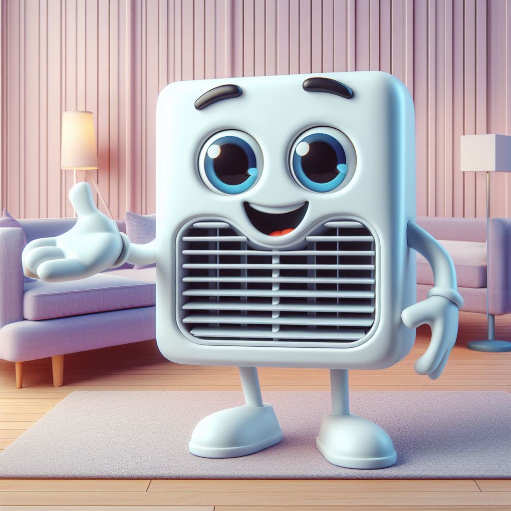 Cheerful 3D Cartoon Air Cooler Character - Friendly Appliance