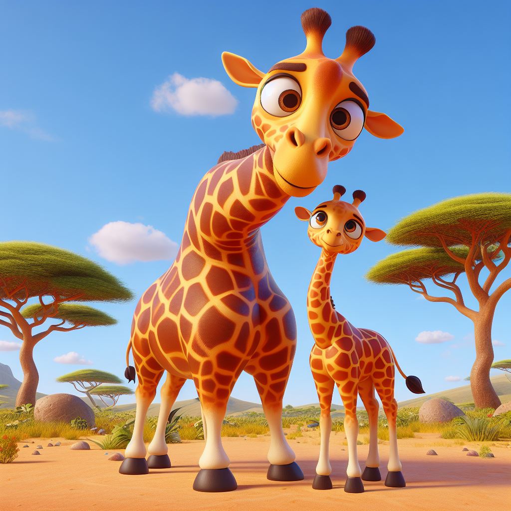 3D Cartoon of Giraffe Mother and Cub Together