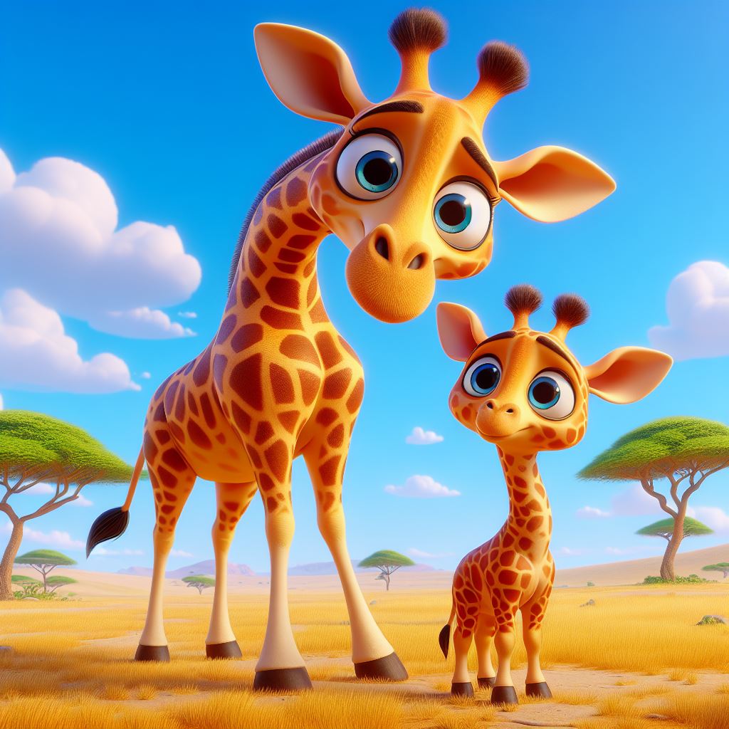 3D Cartoon of Giraffe Mother and Cub Standing